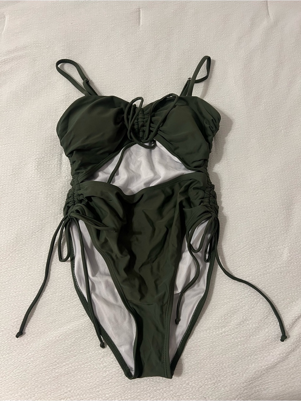 Zaful Dark Olive Green Cutout One-Piece Swimsuit with Side Drawstrings